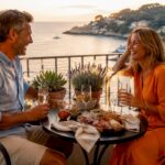 Happy couple enjoying meal and drinks on sunny beach terrace