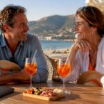 Couple enjoying drinks on sunny beach terrace