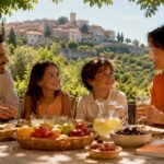 Happy family enjoying drinks and food on sunny terrace