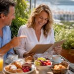 Couple discussing private treaty sale on terrace