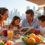 Family discussing Dubai property investment on sunny terrace