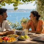 Couple enjoying sunny villa terrace with drinks