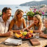 Happy family enjoying drinks on sunny terrace