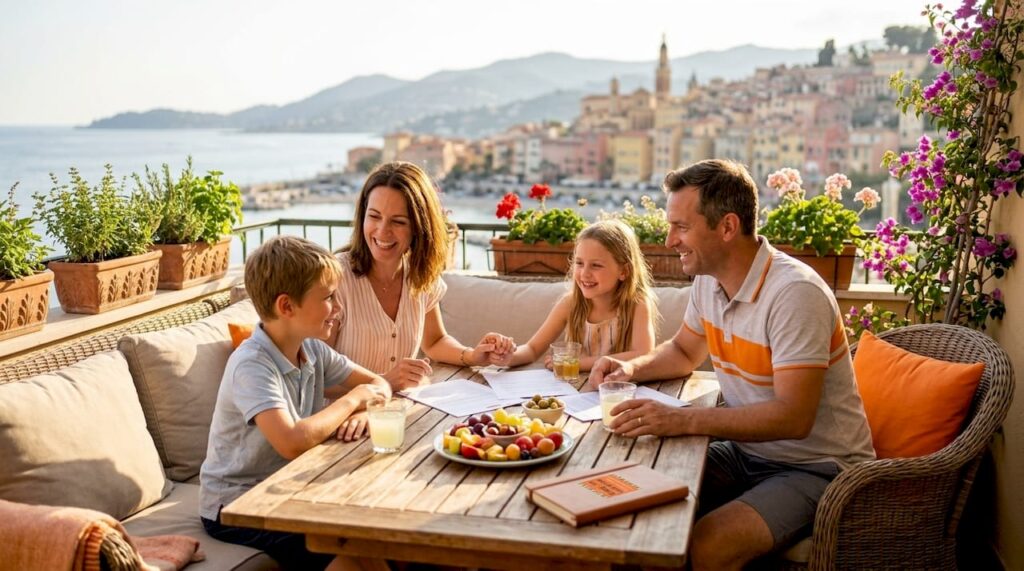 Family discussing estate planning on sunny terrace