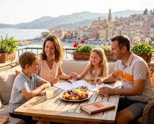 Family discussing estate planning on sunny terrace