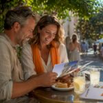 Couple discussing real estate on sunny beach terrace