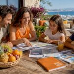 Happy family discussing real estate outdoors