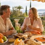 Couple enjoying brunch on sunny luxury terrace