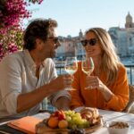 Couple enjoying drinks on sunny terrace by sea