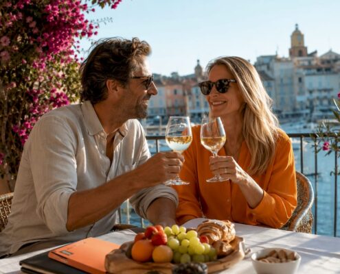 Couple enjoying drinks on sunny terrace by sea