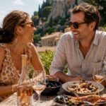 Couple enjoying food and drinks on sunny terrace