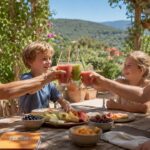 Happy family celebrating on sunny terrace
