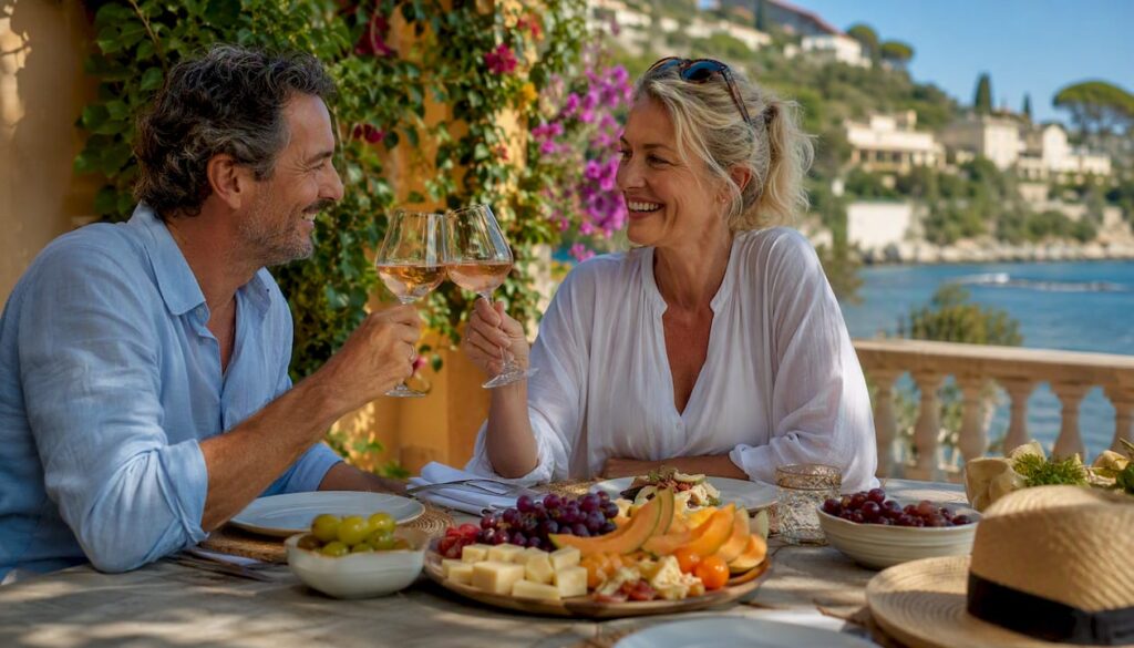 Couple enjoying drinks on Côte d'Azur terrace