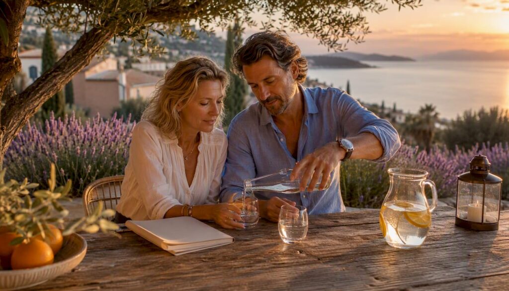 Couple discussing property plans on a sunny terrace
