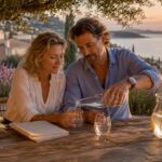Couple discussing property plans on a sunny terrace