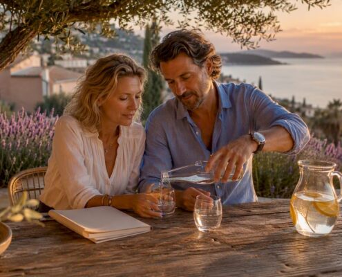 Couple discussing property plans on a sunny terrace