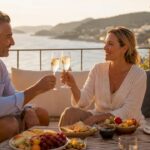 Couple toasting with drinks on sunny terrace