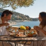Couple pouring coffee on sunny terrace with sea view