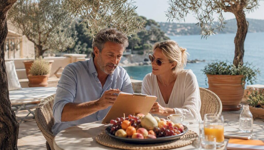 Couple reviewing buyer’s agent checklist on terrace