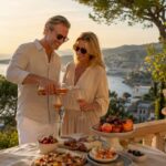 Couple pouring wine on luxury villa terrace