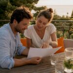 Couple signing home buying documents on terrace
