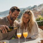 Couple pouring drinks on sunny coastal terrace