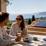 Couple enjoying terrace beside Riviera solar panels