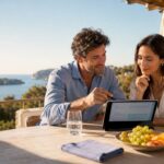 Couple planning property financing on Ibiza terrace
