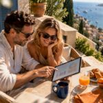 Couple reviewing rental management on terrace